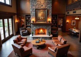 Cozy interior of a rustic lodge living room with a stone fireplace and comfortable seating