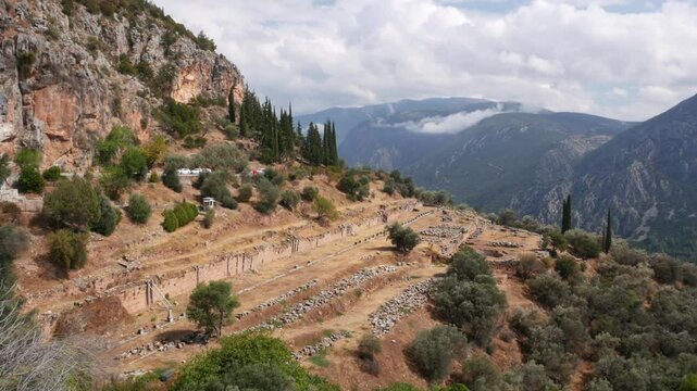 Ancient Gymnasium of Delphi and view of the valley, Greece