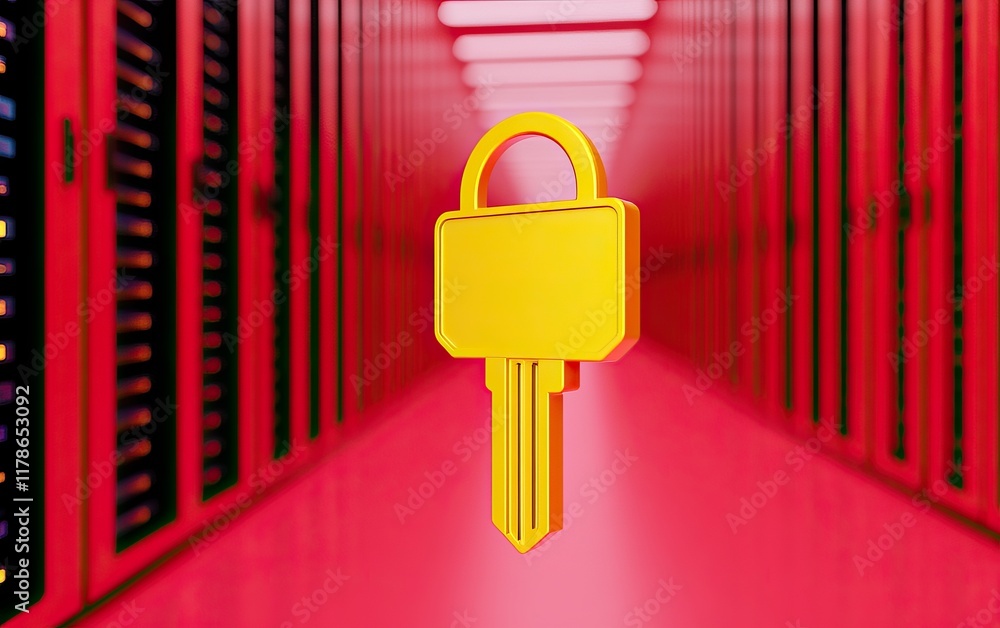 Poster a bright yellow key symbol stands out against a vibrant red corridor lined with server racks, repres