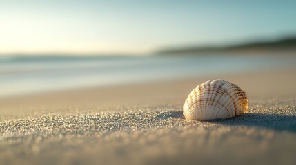 Obraz premium Seashell on sandy beach at sunrise.