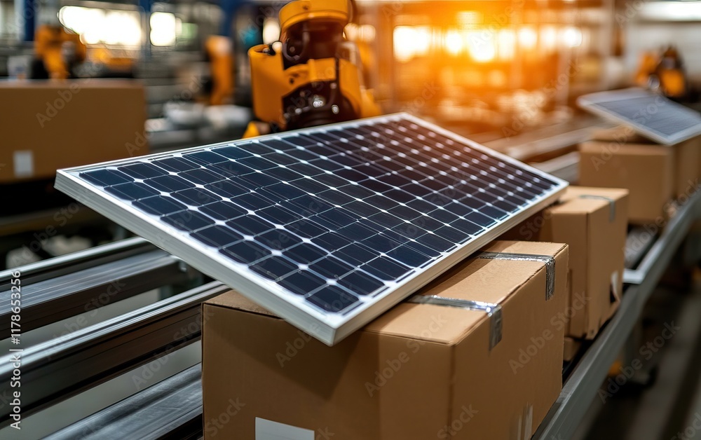 Poster a solar panel rests on boxes in a factory, showcasing advanced robotics and automation in renewable 