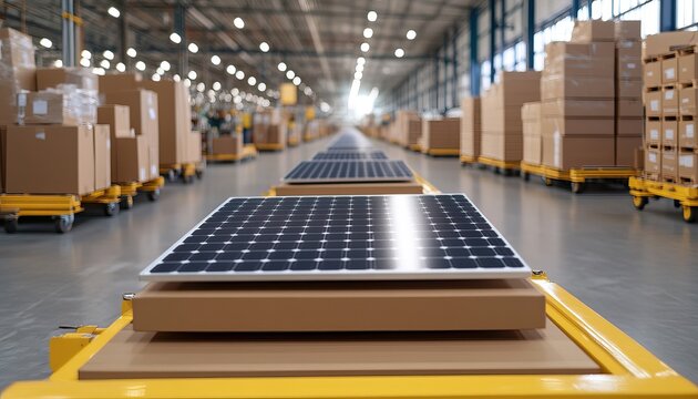 A bright warehouse scene featuring solar panels on carts, surrounded by stacked boxes, symbolizing renewable energy and efficient logistics.