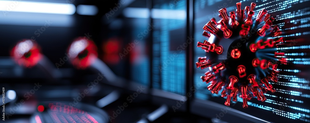Poster a futuristic depiction of a virus model alongside digital data streams, symbolizing cybersecurity an