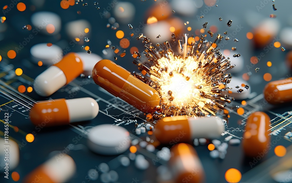 Poster a dynamic image of capsules exploding amidst a digital background, symbolizing the intersection of p