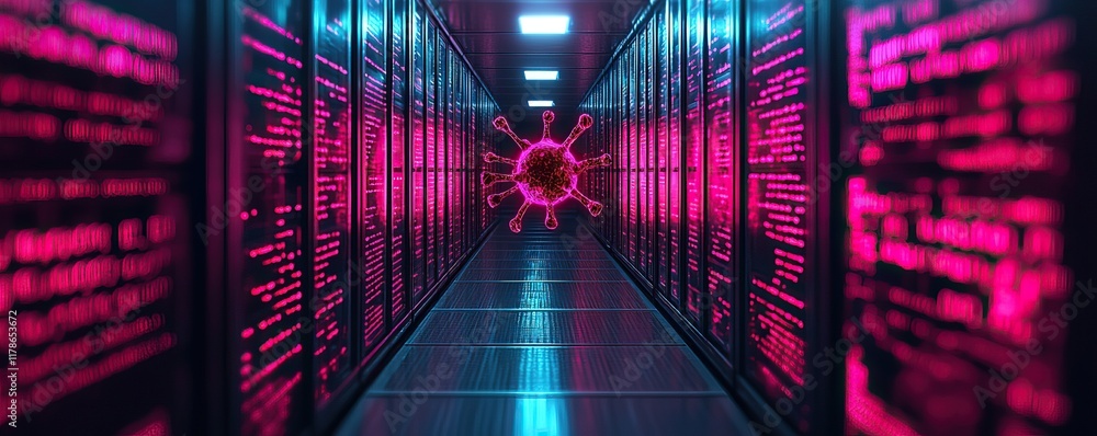 Aufkleber a futuristic data center illuminated with pink light, featuring a digital representation of a virus,