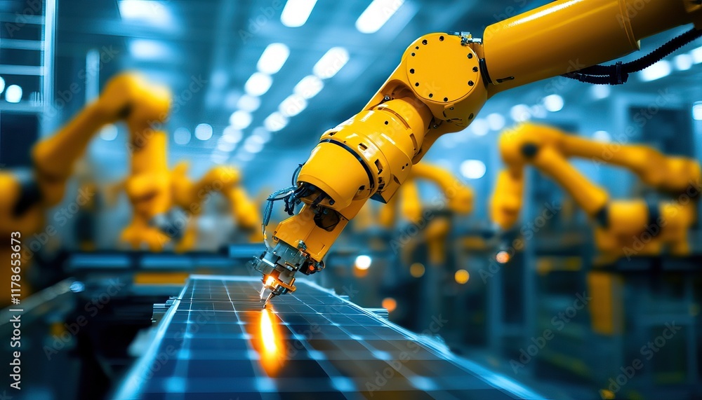 Poster a robotic arm works on a production line in a modern factory, showcasing automation and advanced tec