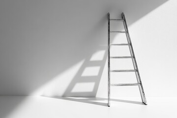 Minimalistic white ladder casting shadows on a clean wall