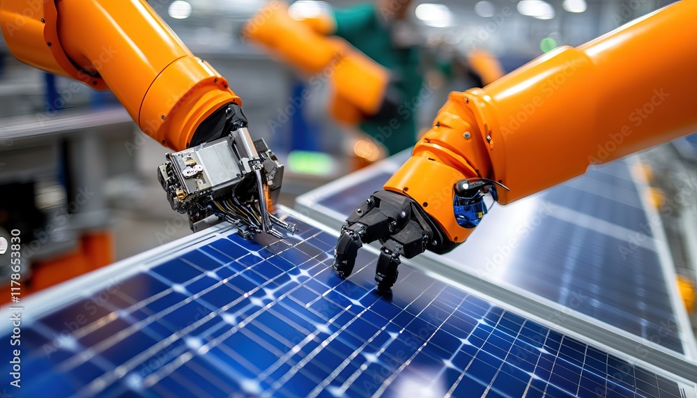 Poster two robotic arms assemble solar panels in a factory setting, showcasing advanced automation and effi