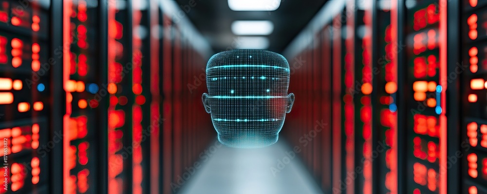 Poster a digital representation of a human face is shown amidst a backdrop of servers, symbolizing the inte