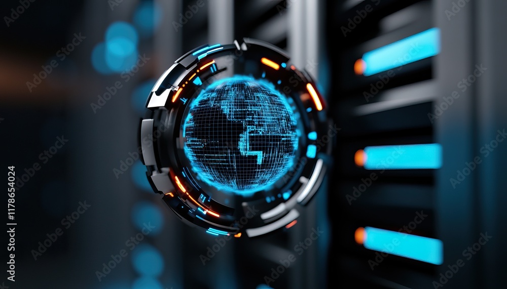 Poster a futuristic digital globe surrounded by a glowing circuit design, set against a backdrop of server 
