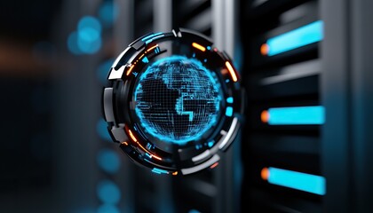 A futuristic digital globe surrounded by a glowing circuit design, set against a backdrop of server hardware, symbolizing technology and connectivity.