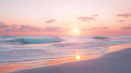 Fototapeta premium Serene sunset over calm ocean waves gently lapping a sandy beach.