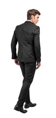 Back view of a man in a formal suit walking. Photorealistic style. Isolated on a white background....