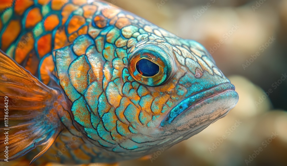 Poster vibrant close-up of a colorful tropical fish displaying intricate patterns and stunning colors in a 