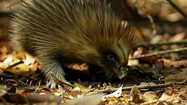 Curious echidna exploring forest floor among fallen leaves and twigs AI