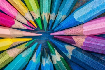 Naklejka premium Colorful Pencils Arranged on Rustic Wooden Surface for World Art Day