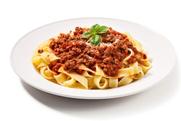 Tagilatelle pasta bolognese plate spaghetti food.