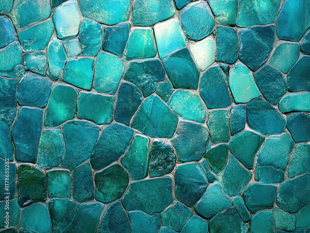 Poster vibrant teal mosaic wall with irregular stone shapes creating an aesthetic pattern and texture for i
