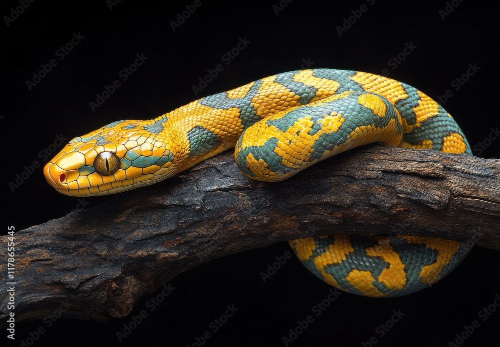 Poster vibrant yellow and green python coiled on dark branch against black background, showcasing unique sc