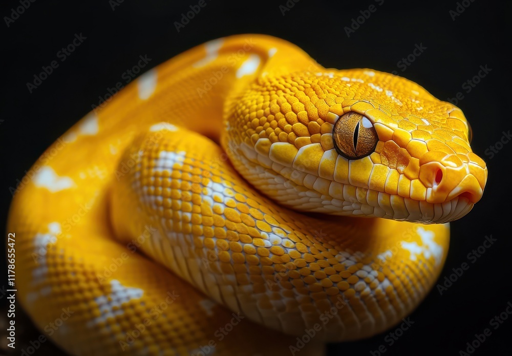 Poster vibrant yellow python coiled elegantly against a dark background showcasing its unique scales and st