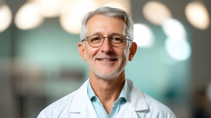 Fototapeta premium Portrait of a confident and experienced senior medical professional wearing a white coat and glasses,smiling and looking directly at the in a professional office setting.