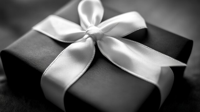 A monochrome close-up shot of a dark gift box adorned with a pristine white ribbon, tied in a classic bow.