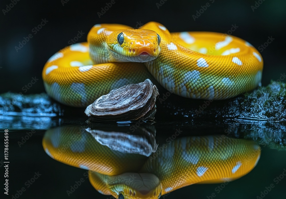 Poster vibrant yellow snake relaxing by a calm water surface reflecting in the stillness of nature with she