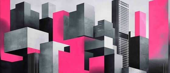 Urban landscape features abstract geometric forms rendered in risograph technique. The design blends urban gray tones with vibrant neon pink, reflecting architectural minimalism
