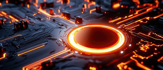 A close-up of a high-tech circuit board with glowing orange highlights, emphasizing a central circular element, showcasing a futuristic design.