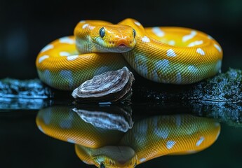Fototapeta premium Vibrant Yellow Snake Relaxing by a Calm Water Surface Reflecting in the Stillness of Nature with Shell and Lush Environment Background