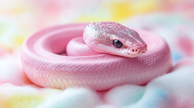 beautiful, A pink snake, covered in glitter and diamond dust, curled up on a soft, cotton candy-textured background with pastel colors.