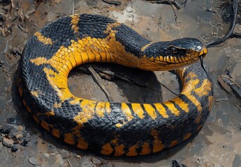 Obraz premium Vivid Black and Yellow Snake Coiled on Ground, Showcasing Unique Scales and Textures in Natural Habitat, Perfect for Wildlife and Nature Photography Projects