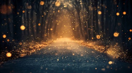 Fototapeta premium Blurred glowing golden light reflecting softly on a snowy forest road creating a peaceful and magical wintertime backdrop