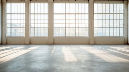 A vast, dimly lit, empty studio space with tall ceilings, evoking creativity and inspiration in solitude.