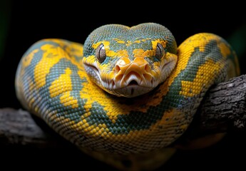 Fototapeta premium Vivid Yellow and Green Snake Relaxing Peacefully on a Branch with Intricate Scales and Unique Features, Capturing the Essence of Nature's Beauty and Reptilian Charm