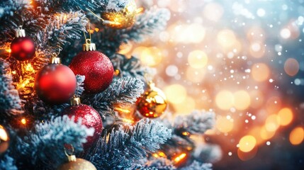 Elegant decorations on a Christmas tree, with vibrant baubles, tinsel, and glowing lights, captured up close for a festive New Year's Card  design