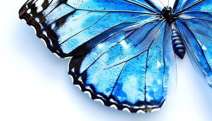 Magnified view of intricate blue butterfly wing patterns on white background
