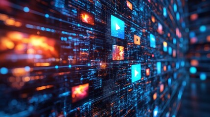 Obraz premium A digital landscape of glowing icons and data streams representing media and technology.