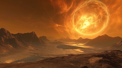 Fototapeta premium A distant planet with swirling clouds and a vibrant nebula dominating the sky
