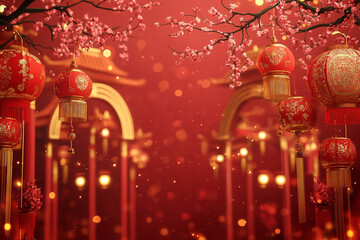 A vibrant Chinese New Year background with traditional decorations
