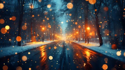 Fototapeta premium Dreamy blurred bokeh lights glowing gently on a snowy forest path creating an enchanting and tranquil winter landscape visual