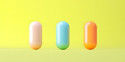 Vibrant Capsules Composition with Assorted Pharmaceutical Supplements Arrangement on Minimalist Yellow Background. Colorful Medical Medication Tablets,Pills,and Organic Vitamins Concept for Health.