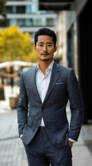 an Asian male model in a tailored business suit standing confidently