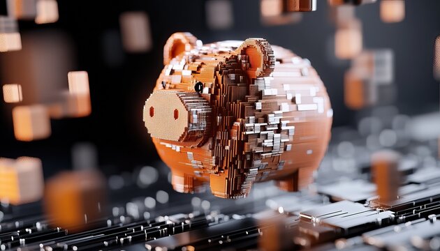 A digital piggy bank made of pixels, surrounded by floating digital blocks, symbolizes modern finance and technology.