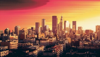 Cinematic cityscape at dusk with a warm gradient sky from deep crimson to bright amber
