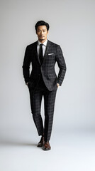 an Asian male model in a tailored business suit standing confidently