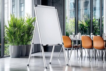 Whiteboard on a stand in a sleek conference room, neat presentation layout, professional business context
