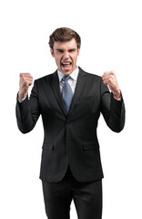 Man in formal suit celebrating with clenched fists, isolated on white background. Concept of achievement, business success, and happiness