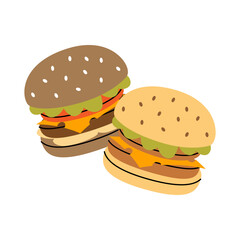 Two delicious homemade burgers. Traditional American fast food. Vector illustration.