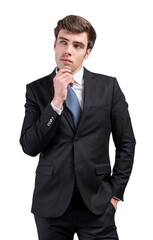Businessman wearing formal suit with blue tie, posing thoughtfully with hand on chin, isolated on white background. Concept of professionalism